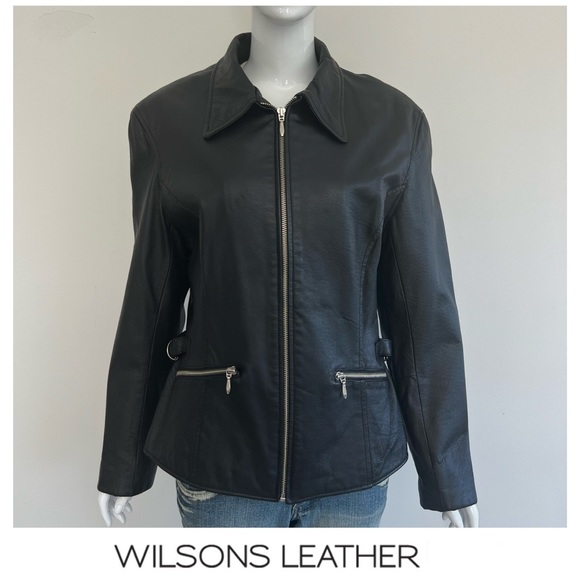 WILSONS Leather Women Black Leather Adjustable Straps Long Sleeves Jacket Sz M - Picture 1 of 16